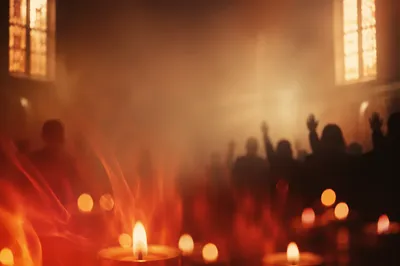Blurred Candlelight and Silhouetted Raised Hands