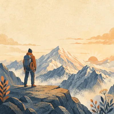 Mountain Climber at Sunrise in Strength