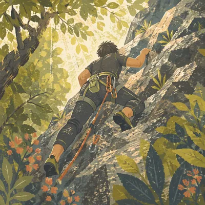 Faith Strength Climber on Forest Rock Face