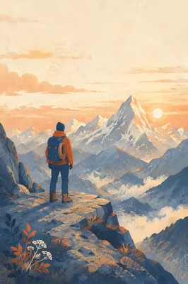 Mountain Climber at Sunrise in Strength