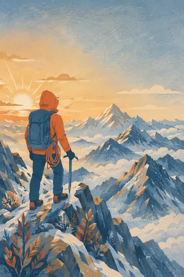 Mountain Climber Strength at Sunrise Background