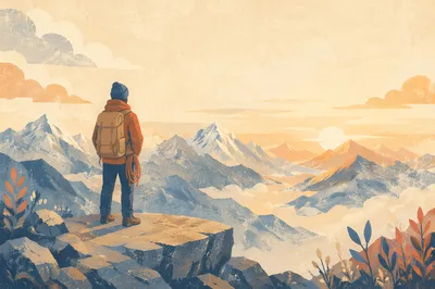Mountain Climber at Sunrise in Strength