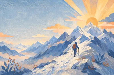 Climber Ascending Snowy Ridge at Sunrise