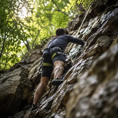 Climber Ascending Rock Face in Faith