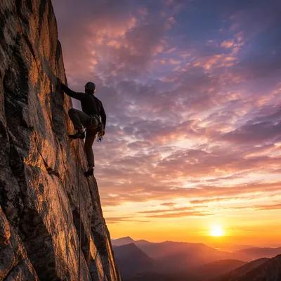 Mountain Climber at Sunset with Strength