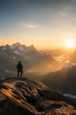 Lone Climber at Sunrise Mountain Peaks