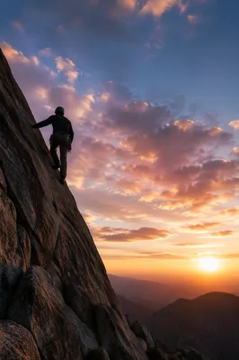 Mountain Climber at Sunset in Strength