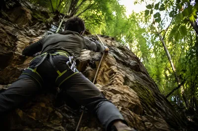 Faith Strength Climber Ascending Forest Rock Face