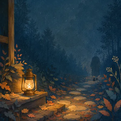 Lantern Lighting a Forest Path at Dusk
