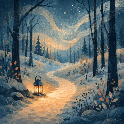 Lantern Lighting a Winter Forest Path