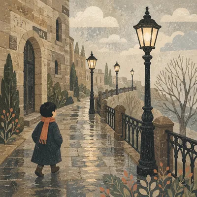 Guiding Lamp Along a Rainy Stone Path