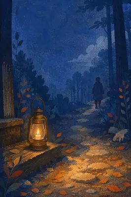 Lantern Lighting a Forest Path at Dusk