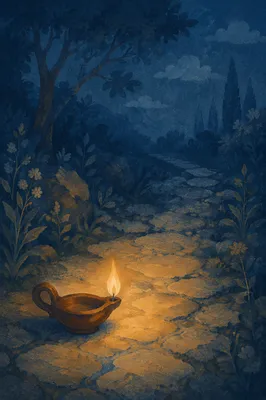 Antique Lamp Lighting a Stone Path
