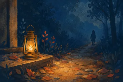Lantern Lighting Forest Path at Blue Hour