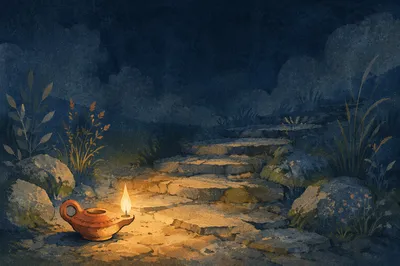 Antique Lamp Lighting a Stone Path