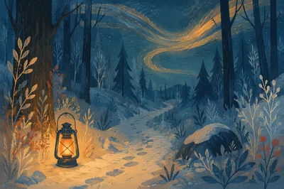 Lantern Lighting a Winter Forest Path