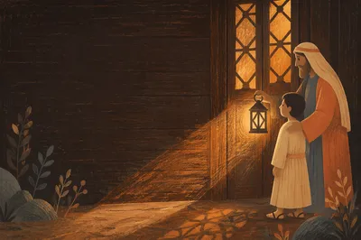 Lantern Light on Dark Wooden Path