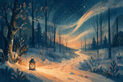 Lantern Lighting Snowy Woodland Path