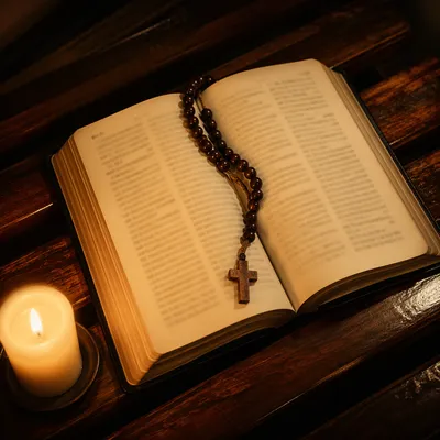 Open Devotional Book with Prayer Beads