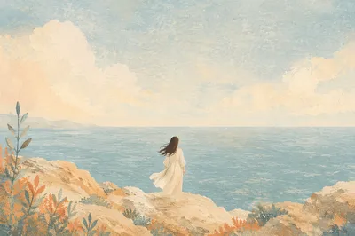 Woman on Sunlit Coastal Rocks
