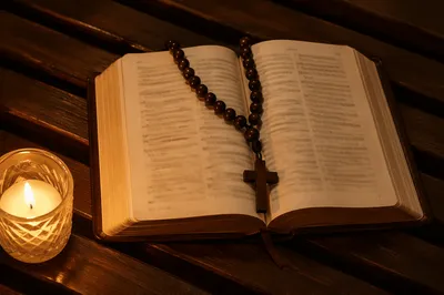 Open Devotional Book with Prayer Beads