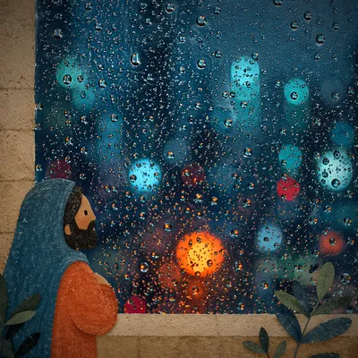 Rainy Night Window With Blurred City Lights