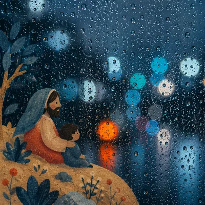 Rainy Night Window with Blurred City Lights
