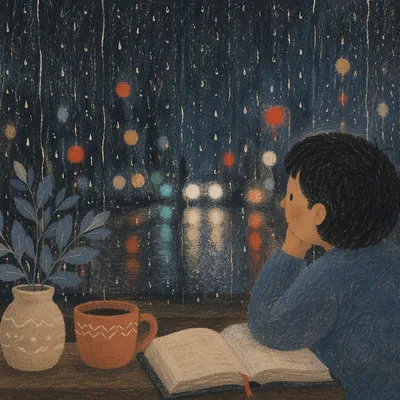 Rainy Window with Blurred City Lights