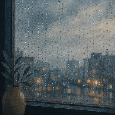 Rainy Window with Blurred Evening City