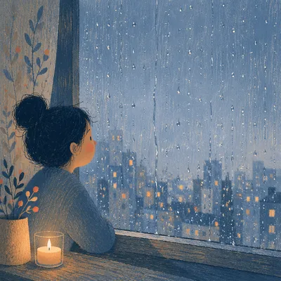 Rainy Window with Candlelit City Bokeh