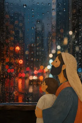 Rainy Window Glass with Blurred City Lights