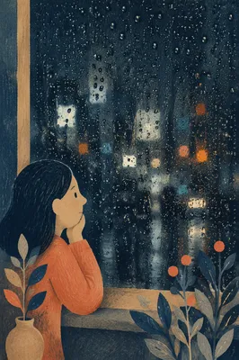 Rainy Window with Blurred City Lights