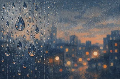 Rainy Window with Blurred City Lights