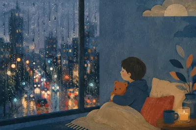Rainy Window with Blurred City Lights