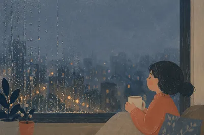Rainy Window with Blurred Blue Hour City