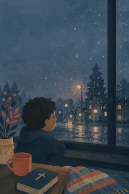 Rain Droplets on Window at Dusk