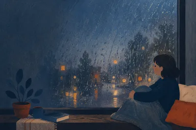 Rain Droplets on Window at Dusk