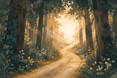Sunrise Forest Path Inspired by Romans 8:28