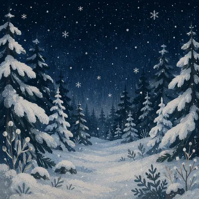 Soft Falling Snow in Twilight Forest