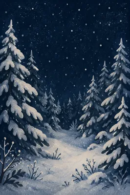 Soft Snowfall Over Dark Evergreen Forest