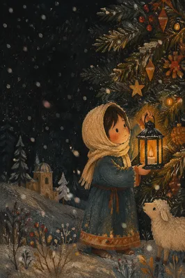 Glowing Lantern in Snowy Evergreen Christmas Night
