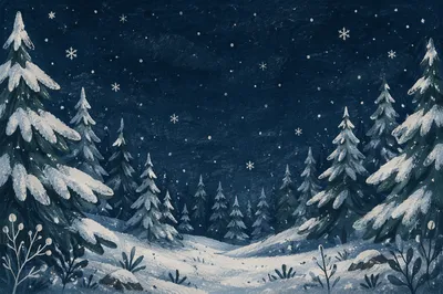 Soft Snowfall Over Twilight Evergreen Forest