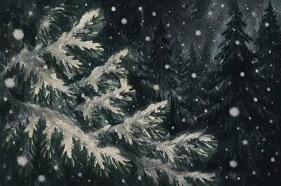 Soft Falling Snow on Dark Fir Background