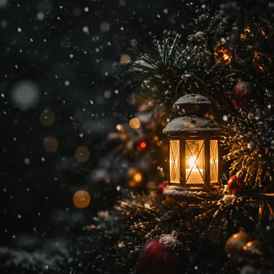 Glowing Lantern in Snowy Christmas Evergreens