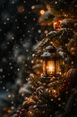 Glowing Lantern in Snowy Christmas Evergreens