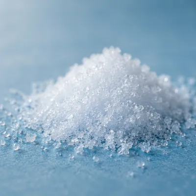 Macro White Snow Crystals on Blue Surface