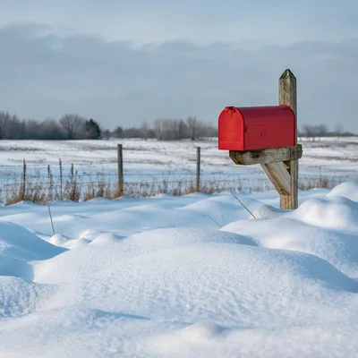 Red Rural Mailbox in Snowy Winter Field