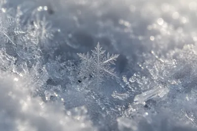 Macro Snowflake on Frozen Crystal Background