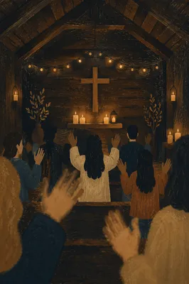 Silhouetted Worship Gathering in Wooden Chapel