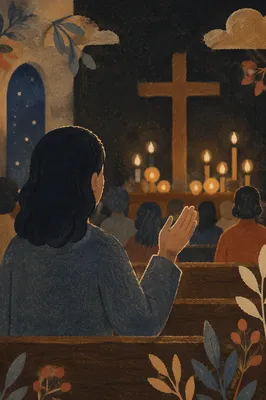 Silhouetted Figure Facing Cross and Warm Lights